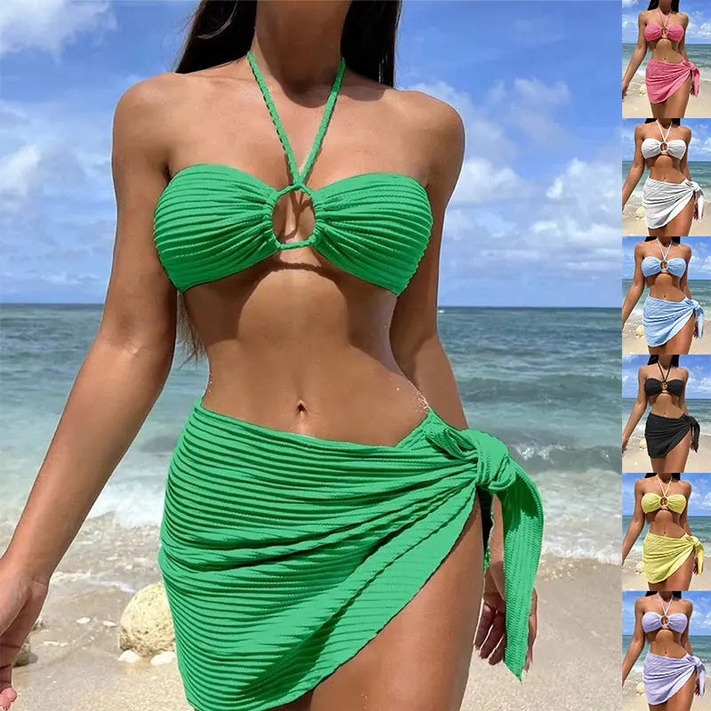 3-Piece Solid Color Striped Bikini Set – Sexy Summer Beach Swimsuit for Women CJdropshipping