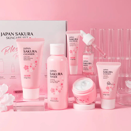 Skin Care Set JAPAN SAKURA Women Beauty Gift Sets Skin Care Kit With Cleanser, Toner, Lotion, Serum, Eye Cream, Face Cream Travel Kit For Women Teen Girls Mom Daughter TSA-friendly Sizes 6pcs CJdropshipping