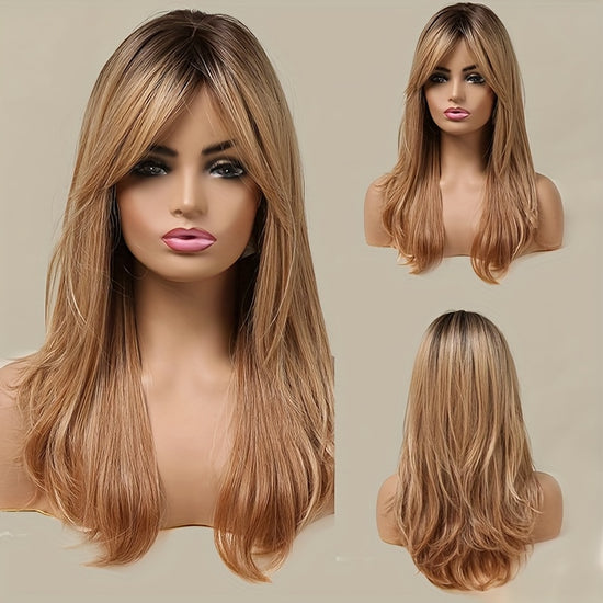 Elegant Heat-Resistant Long Curly Synthetic Wig with Bangs for Daily Wear