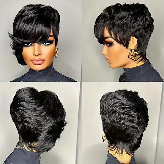 Straight Black Elegant 8" Pixie Cut Glueless Human Hair Wig with Long Bangs